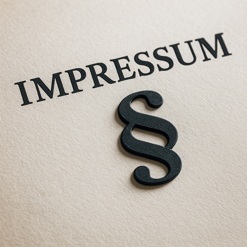 B&uuml;roszene mit Dokument &bdquo;Impressum&ldquo; auf Schreibtisch, Stempel und Brille &ndash; Symbolbild f&uuml;r rechtliche Angaben auf Unternehmenswebseiten.