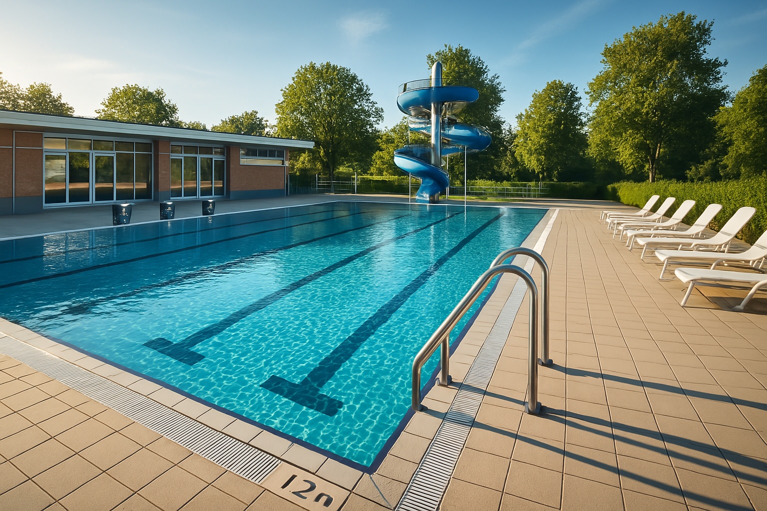 Klassisches Freibad mit blauem Fliesenbecken, Edelstahlleiter und sonnigem Au&szlig;enbereich ohne Badeg&auml;ste.
